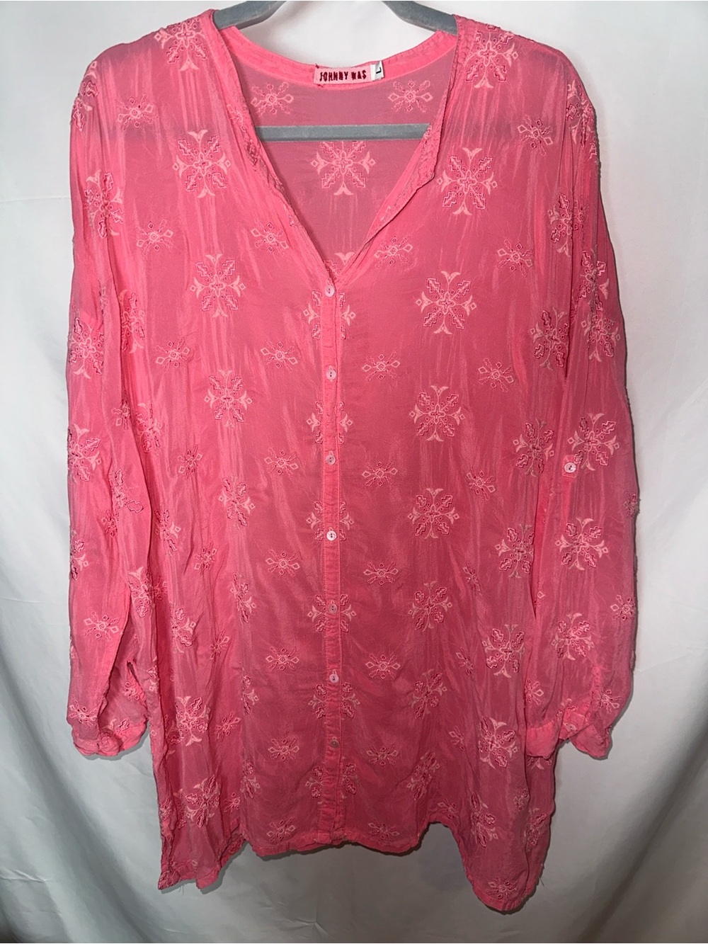 Johnny Was Hot Pink Embroidered Sheer Button-Up Tunic